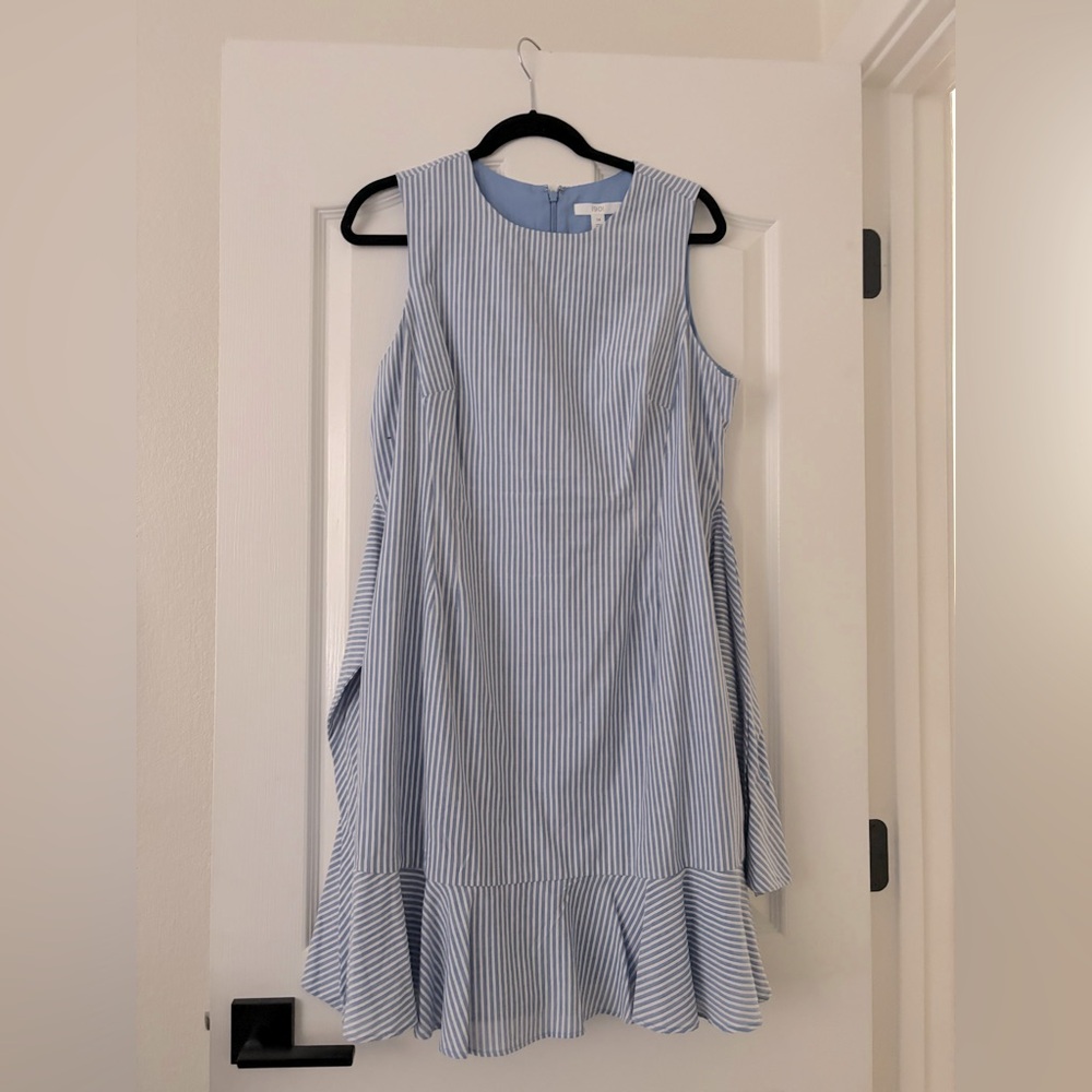 1901 Blue & White Striped Sleeveless Dress | Ruffle Hem Tie Back | Size 14